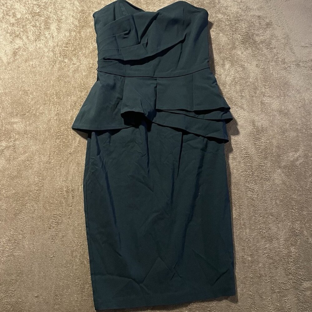 ASOS Dress Womens 8 Forrest Green Strapless Sheath Ruffle‎ Midi Fitted Zip Back
